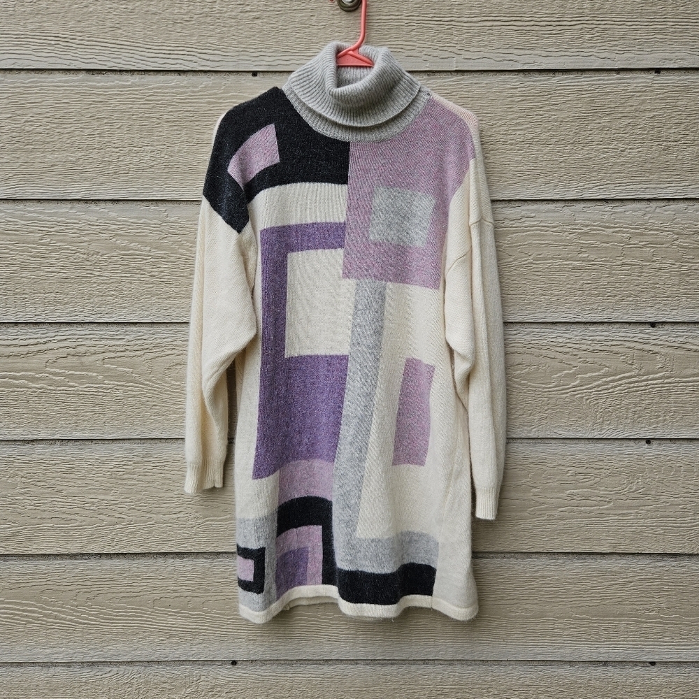 Cubus wool angora blend turtleneck mini sweater dress cream geometric large